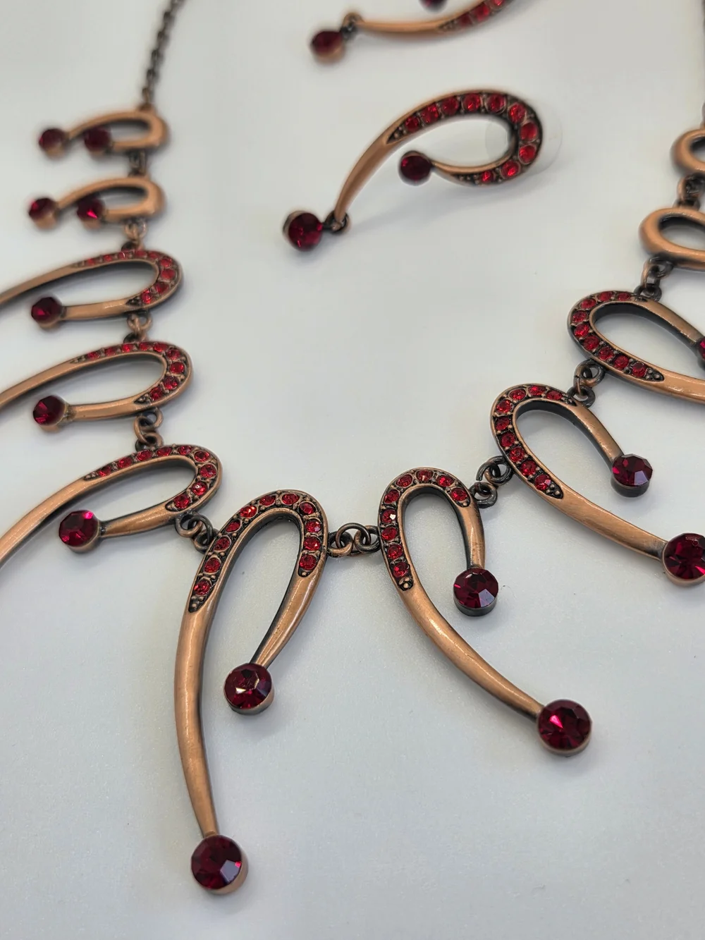 Red Crystal Crescent Drop Necklace and Earring Set, Copper Tone